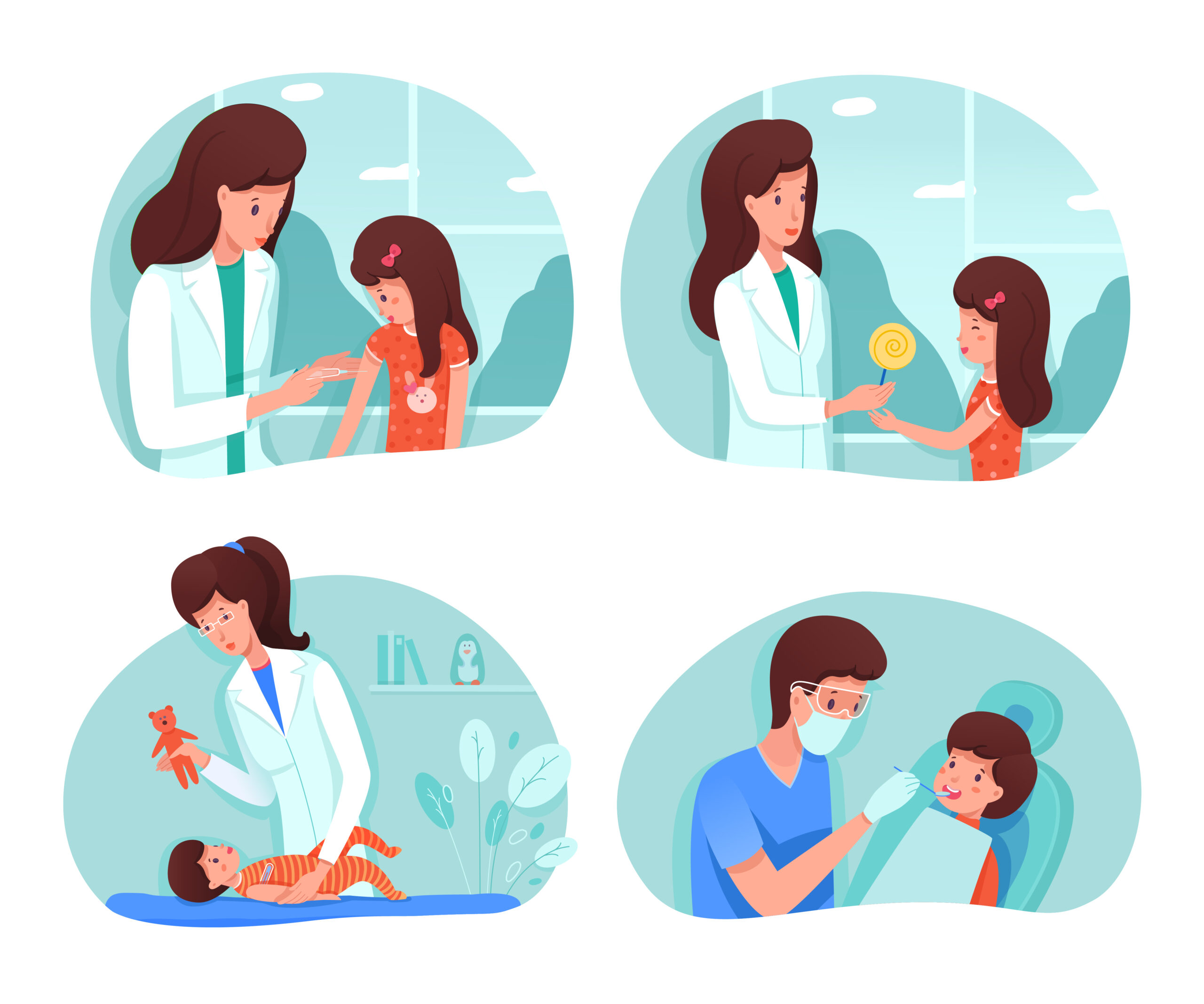 Children health at clinic set. Doctor makes vaccination girl, gives lollipop as reward, pediatrician measures temperature baby, shows toy. Dentist checkup teeth boy.